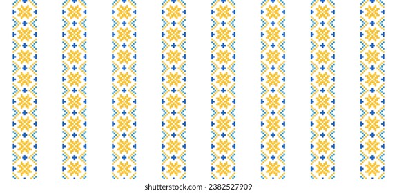 Patrón de moda sin fisuras del vector ucraniano. Decoración en tonos azules y amarillos. Patrón de moda de franjas verticales ucranianas. Arte de píxeles, vyshyvanka, punto de cruz.