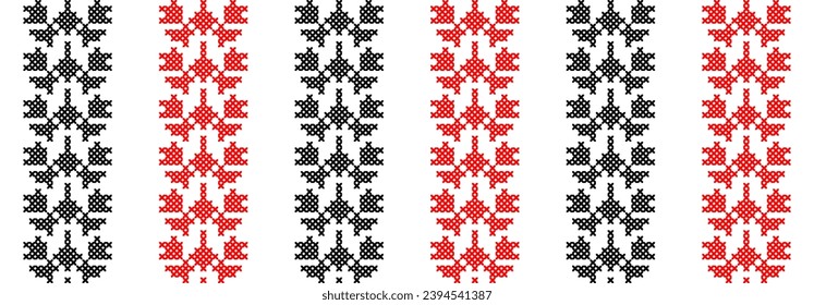 Patrón de moda sin fisuras del vector ucraniano. Decoración de color negro y rojo. Patrón de moda de franjas verticales ucranianas. Arte de píxeles, vyshyvanka, punto de cruz.