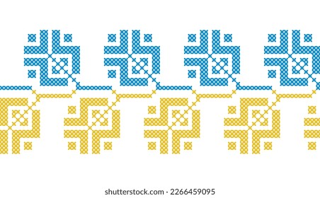 Ukrainian vector seamless ornament, border,pattern. Traditional folk, ethnic ornament. Decoration in yellow and blue Ukrainian flag colors. Pixel art, vyshyvanka, cross stitch.