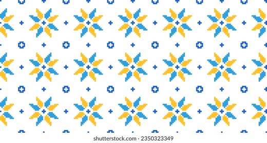 Ukrainian vector textile, fabric, cloth seamless pattern, striped print. Ukrainian folk, ethnic pattern in yellow and blue colors. Pixel art, vyshyvanka, cross stitch.