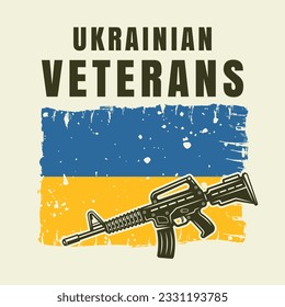 Ukrainische Veteranen, Vektorgrafik in farbigem Stil mit ukrainischer Flagge und M16-Gewehr auf weißem Hintergrund