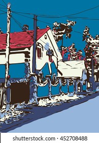 Ukrainian village graphic artwork with a road and house, digital art composition, vector illustration