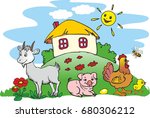 Ukrainian village - house and pets, animals on farm