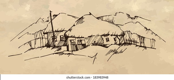 Ukrainian Village Illustration. Graphic sketch that represents Ukrainian village with its traditional ethnic houses.