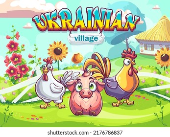 Ukrainian village main window. Vector background illustration farm on green meadow. For print on demand, magazines and newspapers, book covers.