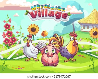 Ukrainian village window.vector background illustration farm on green meadow. For print on demand, magazines and newspapers, book covers.