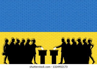 Ukrainian voters crowd silhouette in election with Ukraine flag graffiti in front of brick wall. All the silhouette objects, icons and background are in different layers. 