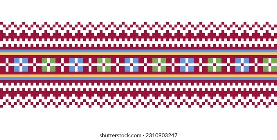 Ukrainian vyshyvanka geometric vector ornament, border, pattern. Ukrainian colorful vyshyvanka embroidery in burgundy color. Pixel art, cross stitch.