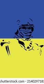 Ukrainian warrior on ukrainian flag background. Soldier in vector illustration