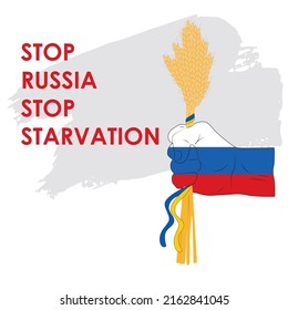 Ukrainian wheat in Russian fist. Russian  robbery of Ukrainian grain. World starvation. War in Ukraine concept. Vector illustration