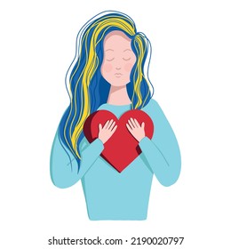 Ukrainian Woman With Blue And Yellow Long Hair And Turquoise Holding Big Red Heart In Hands. Girl In Ukraine Ask To Stand For Ukraine And Support The Country. Flat Cartoon Vector Illustration