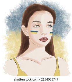 Ukrainian woman with blue yellow makeup and ukrainian flag colors background