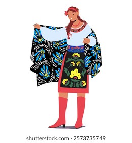 Ukrainian woman cartoon character wearing traditional floral print clothing isolated on white background. Beautiful female dressed national costume with handmade embroidery vector illustration