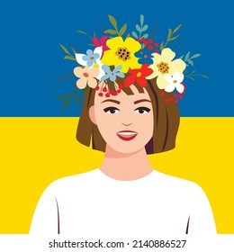 Ukrainian woman in a flower wreath against the background of a yellow blue flag of Ukraine. Symbol of peace and independence. Vector illustration in a flat style.