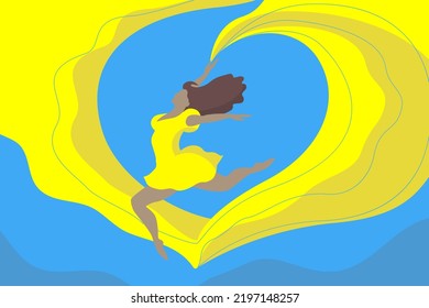 Ukrainian woman holding yellow and blue flag of Ukraine in the shape of a heart background. Editable vector illustration EPS 10.
