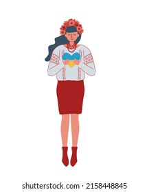 Ukrainian woman in national clothes. Concept with Ukraine in the heart. Girl is dressed in embroidered shirt and red skirt. There is a wreath of flowers on her head. Vector illustration