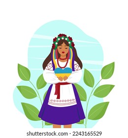A Ukrainian woman in national clothes holds a yellow-blue heart in her hands. Vector illustration in flat style. Cute female character.