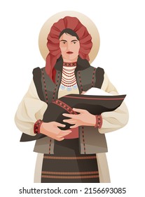 Ukrainian woman in national costume. Baby, mother. Vector illustration, character design.