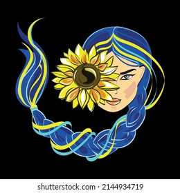 Ukrainian woman with sunflower flower vector illustration, emblem, logo. Patriot girls with blue hair