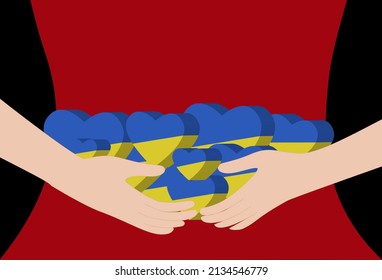Ukrainian woman (with no head) in red dress with 3d hearts in blue yellow flag colors on black background. Copy space for text. Love Ukraine concept. Flat vector illustration