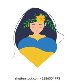 Ukrainian woman in a wreath of flowers with a heart in the colors of the flag of Ukraine. Support for Ukraine. No war in Ukraine. Save Ukraine. Vector flat design isolated on white background, eps 10.