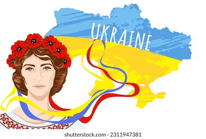 Ukrainian woman in a wreath of poppies with ribbons against the background of a blue-yellow flag and the country of Ukraine. Patriotic postcard about love for the motherland. Vector image