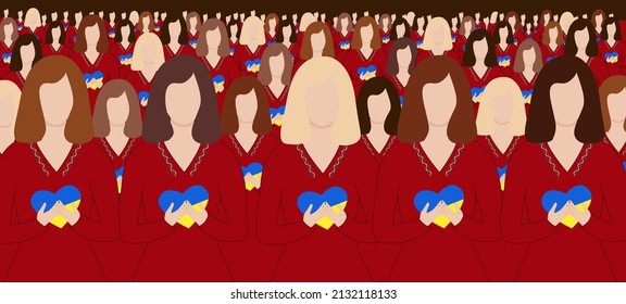 Ukrainian women crowd  wall in red dress es holding hearts in blue yellow flag colors. Copy space for text. Love Ukraine concept. Flat vector illustration