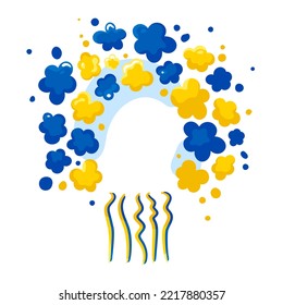 Ukrainian wreath in the colors of the national flag. Yellow and blue flowers and ribbons. Symbol of Ukraine. Patriotic sticker. Isolated object, handdrawn.