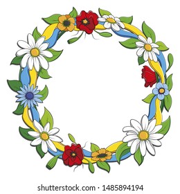 Ukrainian wreath with flowers. Flowers with blue and yellow ribbon. Beautiful decoration of flowers.
