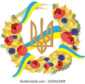 ukrainian wreath with trident, poppy, cornflower and ukrainian flag