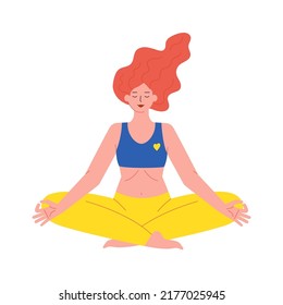 Ukrainian yoga girl meditating in lotus pose,young woman dressed in blue-yellow sportswear.Trendy flat cartoon hand-drawn character.Harmony of body and soul concept.Isolated and grouped.Vector