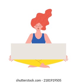 Ukrainian yoga girl meditating in lotus pose,young woman dressed in blue-yellow sportswear.Flat cartoon hand-drawn character. Copy space for your text.Harmony of body and soul concept.Isolated