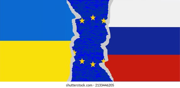 Conflicto ucraniano-ruso. Banderas rotas bajo las cuales está la bandera de la Unión Europea