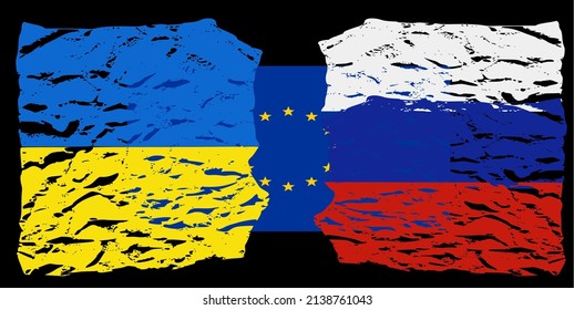 Ukrainian-Russian conflict. Torn flags under which is the flag of the European Union