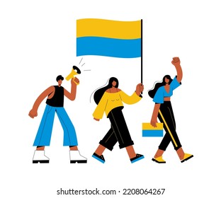 Ukrainians are carrying the flag of Ukraine and protesting. People are shouting into a megaphone and demanding rights. Stop the violence