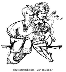 Ukrainians. Girl and boy sitting on a bench. Authentic clothes. couple in love