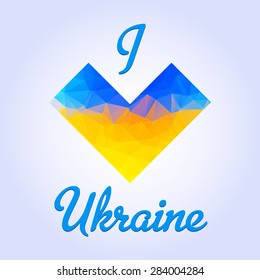 Ukranian patriotic heart emblem that colored in a national flag colores in a triangle manner with love text. Fully editable vector image. Perfect phone cases, prints on t-shirts, posters, etc.