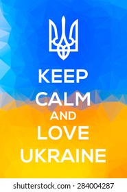 Ukranian trident emblem vector illustration on a national flag triangle background with keep calm text.  Fully editable image. Perfect for wallpapers, phone cases, emplems, posters, etc.