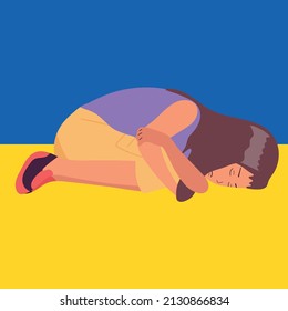 UkraUkraine girl cries in pain. Blue sky over fertile land. War and tears, fear and pain.ine girl cries in pain. Blue sky over fertile land.