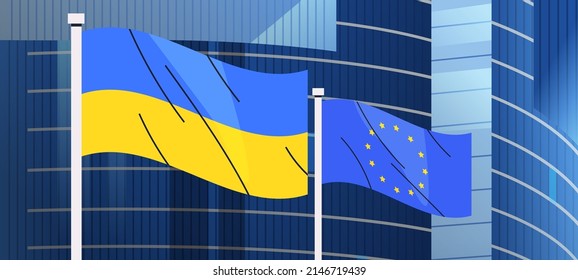 Ukraunian and European union flags pray for peace save Ukraine from russia stop war concept