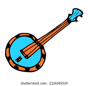 the ukulele or banjo icon is blue. hand-drawn round-shaped doodle-style stringed musical instrument, with an orange handle and a blue round base with a black outline on white for a template design