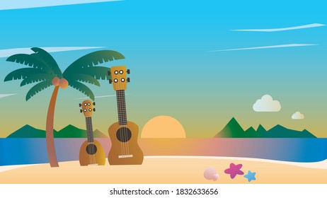 Ukulele at beautiful relax beach beautiful sky