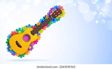 Ukulele with bunch of colorful flowers on a blue bokeh background. Hawaiian style musical vector background.