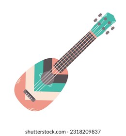 Ukulele with colorful stripes isolated on white background. String musical instrument. Vector cartoon illustration.