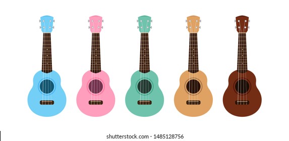 ukulele cute collection isolated on white, small ukelele pastel color for flat icon, realistic ukelele set for classical music play, ukulele classic retro style in holiday summer concept, small guitar