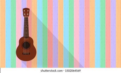 ukulele cute hanging on a wooden wall pastel colors copy space, small ukelele color wood wall for banner, realistic ukelele for classical music play, ukulele classic retro style at wall, small guitar