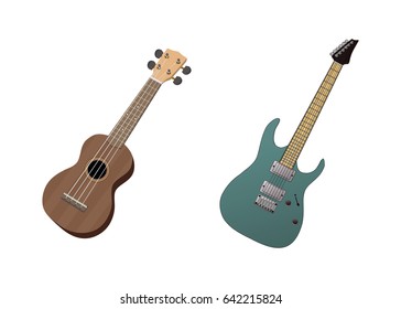 ukulele and electric guitar on isolated background