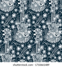 Ukulele with flowers. Black and white hand-drawn seamless pattern. Background, packaging, fabric print design element.