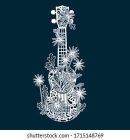 Ukulele with flowers. Black and white hand-drawn illustration. Isolated on solid background. T-shirt, apparel, merch screen print, single color.