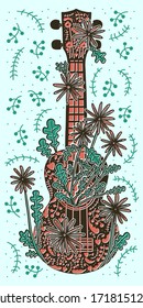 Ukulele with flowers. Retro hand-drawn illustration. Card, vertical banner.